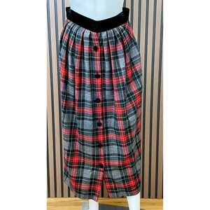 Cullinane Women's 10 Plaid 100% Wool Tartan Button Midi Skirt Black Velvet